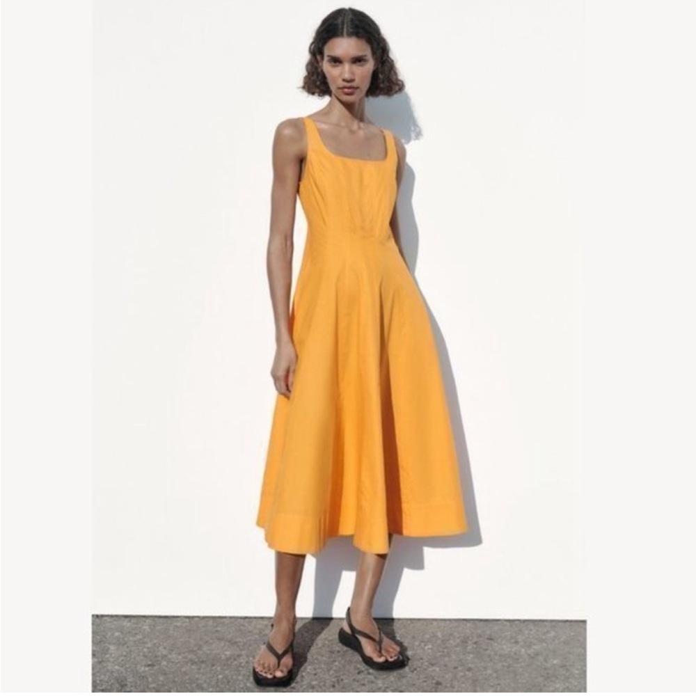 Orange Zara dress, staud vibes, midi length